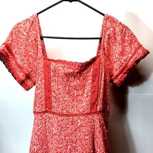 American Eagle Red Floral Sweetheart Midi Sun Dress l Medium l Lace Mini Pleats
